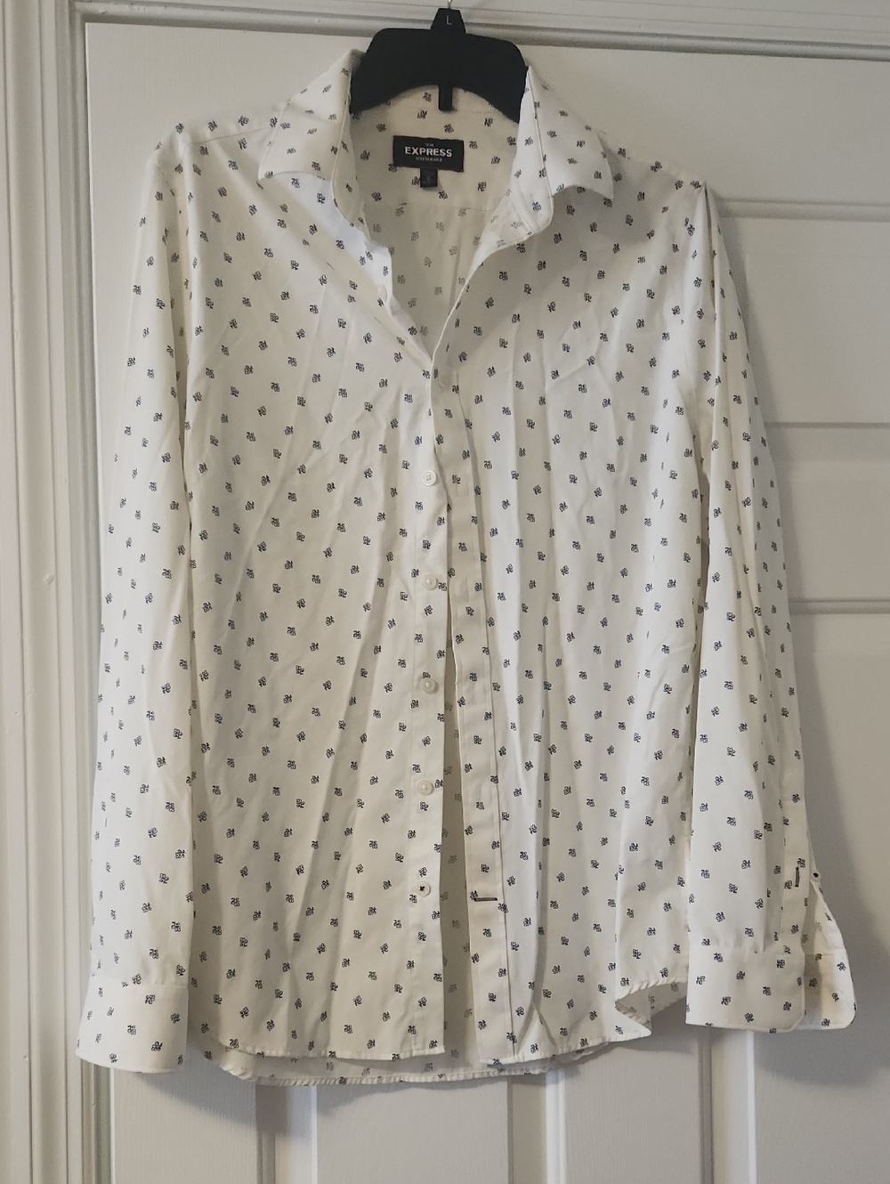 Express Men's White Button-Up Shirt with Navy Micro Print